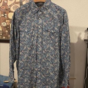 Roper Men's Blue and White Paisley Button Down Shirt